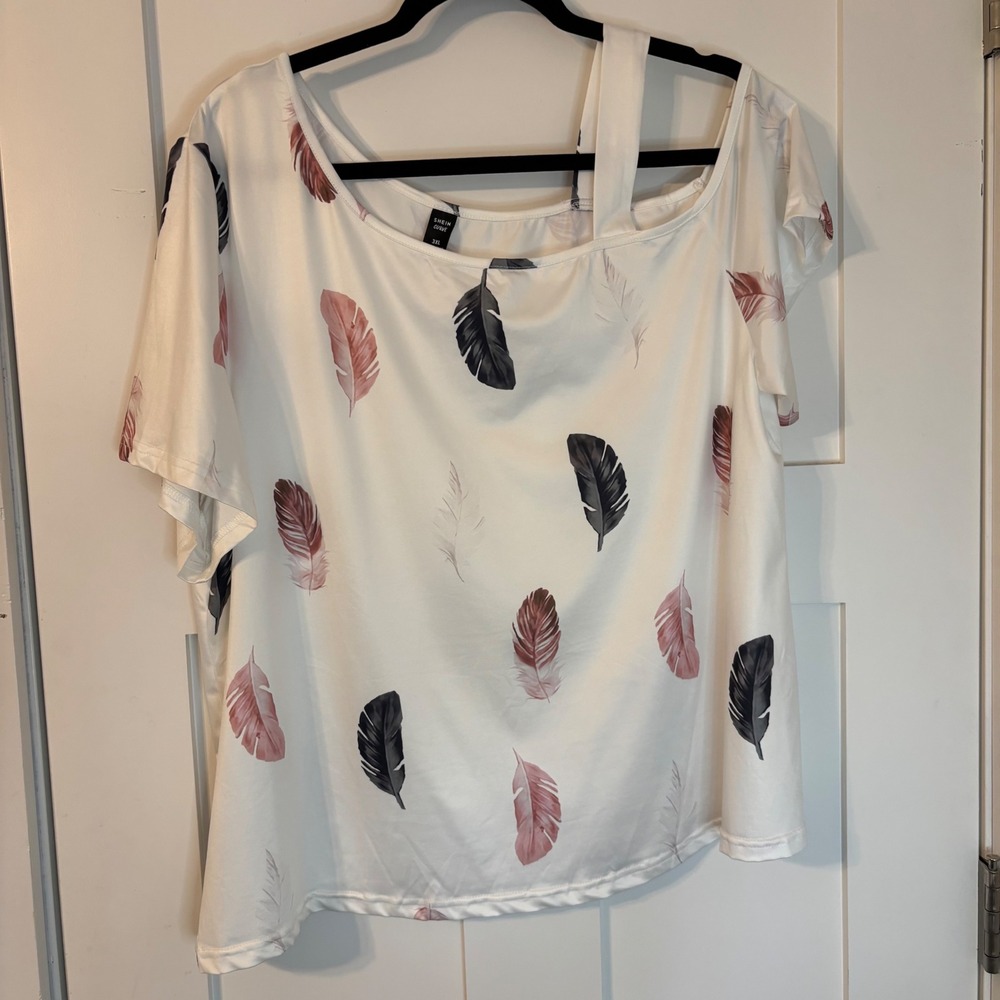 White & Feather Print Sateen Blouse with Short Sleeve One Peekaboo‎ Shoulder 3X
